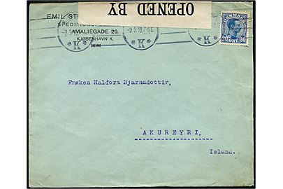 20 øre Chr. X single på brev fra Kjøbenhavn d. 3.3.1919 til Akureyri, Island. Åbnet af britisk censur no. 5216 og ank.stemplet i Akureyri d. 10.5.1919. 