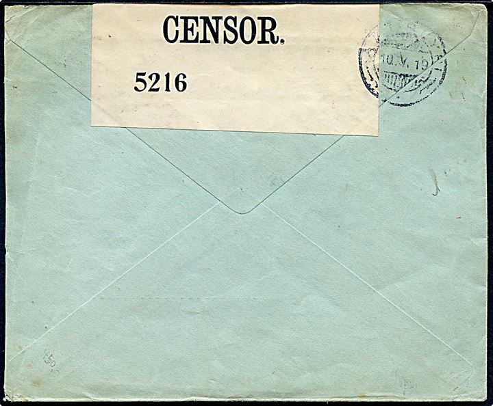 20 øre Chr. X single på brev fra Kjøbenhavn d. 3.3.1919 til Akureyri, Island. Åbnet af britisk censur no. 5216 og ank.stemplet i Akureyri d. 10.5.1919. 