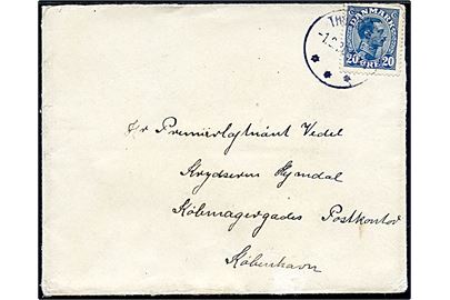 20 øre Chr. X (kort hj.tak) på brev fra Thorshavn d. 1.9.1920 til Premierløjtnant Vedel ombord på krydseren Heimdal, Købmagergades Postkontor i København. Ank.stemplet i København d. 9.9.1920. Heimdal afsluttede d. 9.9.1920 et togt som bl.a. gik til Leith i Scotland og Christiansand i Norge. 