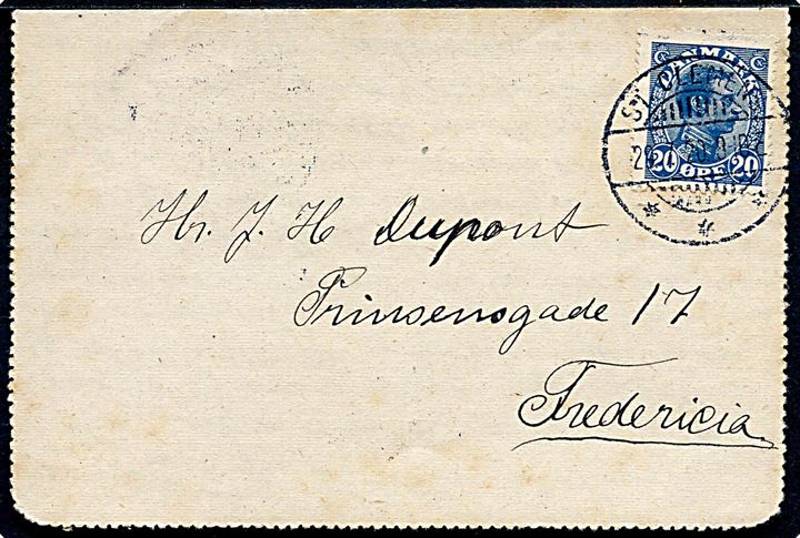 20 øre Chr. X single på privat korrespondancekort annulleret med brotype IIIa  St. Clemens d. 29.7.1920 til Fredericia.