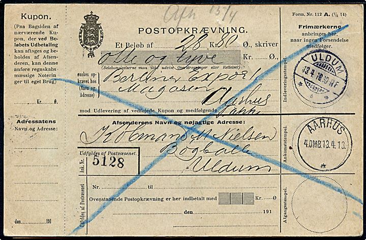 20 øre (par) og 50 øre Chr. X på 90 øre frankeret adressebrev for pakke med opkrævning fra Uldum d. 26.4.1918 til Aarhus. Retur som ej indløst med vedhængende postopkrævningsblanket.