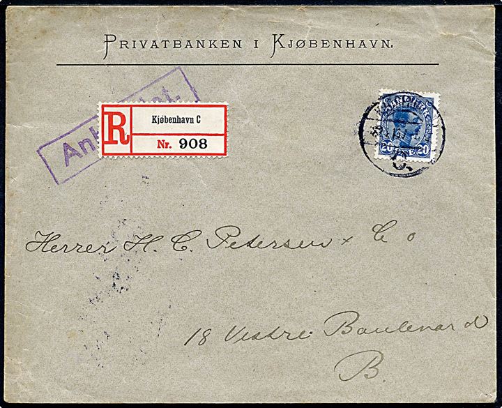 20 øre Chr. X single på anbefalet lokalbrev i Kjøbenhavn d. 22.4.1915.