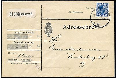 20 øre Chr. X single på adressebrev for lokalpakke i Kjøbenhavn d. 8.7.1918.
