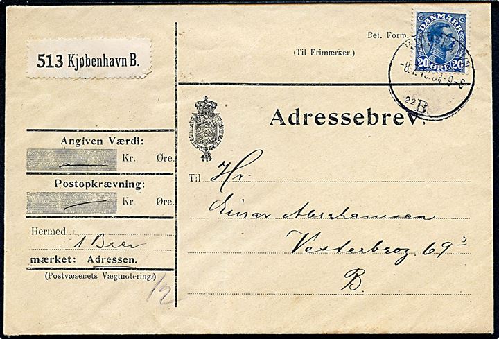 20 øre Chr. X single på adressebrev for lokalpakke i Kjøbenhavn d. 8.7.1918.