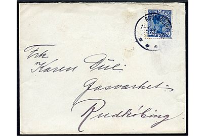 20 øre Chr. X single på brev fra Nakskov annulleret med brotype IIIb Rudkjøbing d. 1.3.1921 til Rudkjøbing på Langeland. Brevet antagelig sendt med direkte skib og først postlagt ved ankomst til Rudkjøbing.
