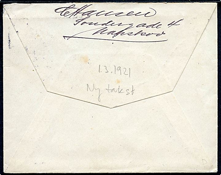 20 øre Chr. X single på brev fra Nakskov annulleret med brotype IIIb Rudkjøbing d. 1.3.1921 til Rudkjøbing på Langeland. Brevet antagelig sendt med direkte skib og først postlagt ved ankomst til Rudkjøbing.