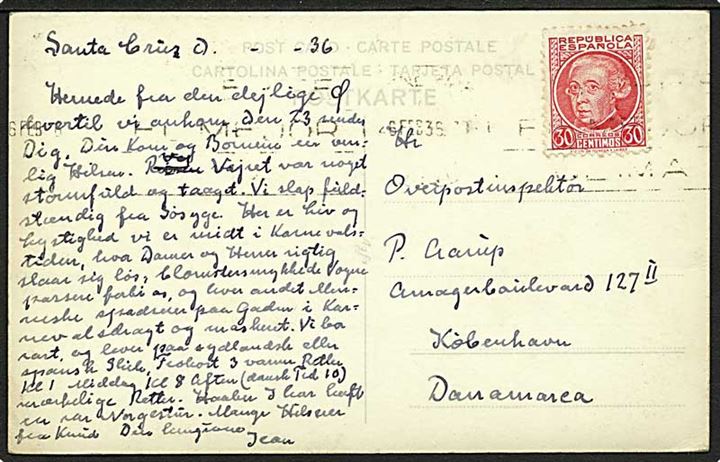 30 c. på brevkort fra Santa Cruz d. 26.2.1936 til København, Danmark.