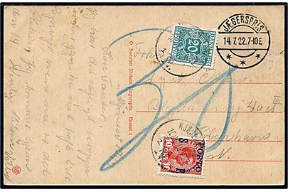 Ufrankeret brevkort fra Jægerspris d. 14.7.1922 til København. Udtakseret i porto med 10 øre SF Porto-provisorium og 20 øre Portomærke stemplet Kjøbenhavn d. 15.7.1922.