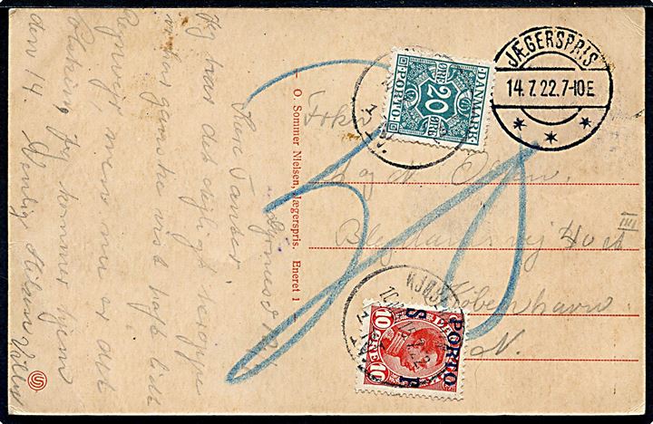 Ufrankeret brevkort fra Jægerspris d. 14.7.1922 til København. Udtakseret i porto med 10 øre SF Porto-provisorium og 20 øre Portomærke stemplet Kjøbenhavn d. 15.7.1922.