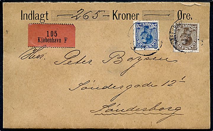 20 øre og 25 øre Chr. X på værdibrev fra Kjøbenhavn d. 28.8.1920 til Sønderborg. 