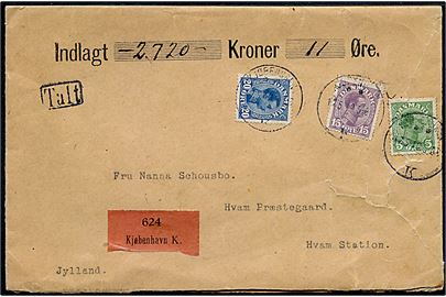 5 øre, 15 øre og 20 øre Chr. X på værdibrev fra Kjøbenhavn K. d. 17.5.1918 til Hvam. Sort rammestempel Talt og på bagsiden laksegl fra Købmagergades Postkontor.