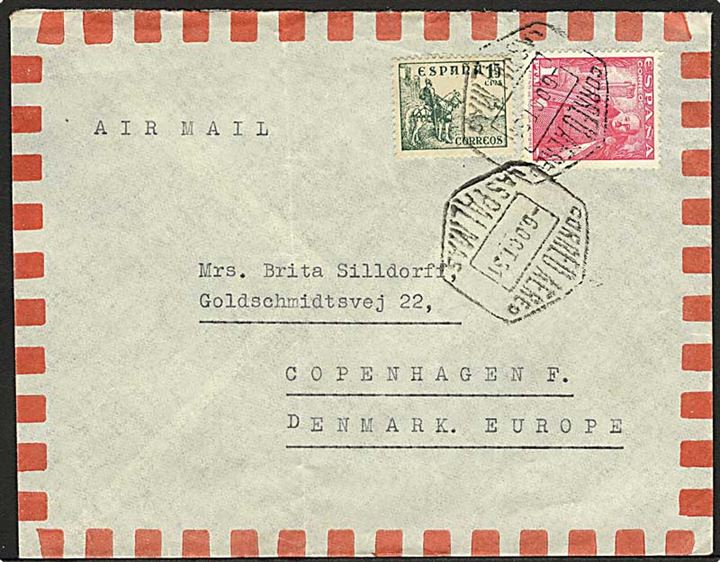 1,15 ptas på luftpostbrev fra Las Palmas d. 6.10.1951 til København, Danmark.