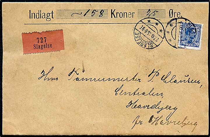 20 øre Chr. X single på lokalt værdibrev fra Slagelse d. 27.10.1915 til Havrebjerg.