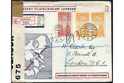 10 øre (2) og 15 øre Luftpost på anbefalet luftpostbrev fra Nakskov d. 23.2.1940 til London, England. Åbnet af britisk censur PC66/675. Del af afsender fjernet.