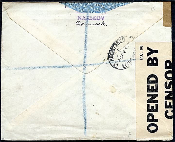 10 øre (2) og 15 øre Luftpost på anbefalet luftpostbrev fra Nakskov d. 23.2.1940 til London, England. Åbnet af britisk censur PC66/675. Del af afsender fjernet.