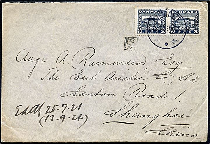 20 øre Genforening i parstykke på brev fra Gjentofte d. 28.7.1921 til Shanghai, Kina.