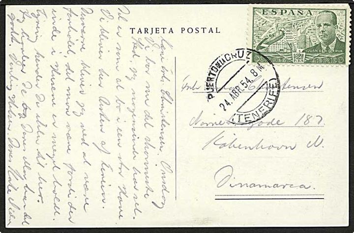 2 pts på brevkort fra Puerto de la Cruz på Tenerife d. 24.4.1954 til København, Danmark.
