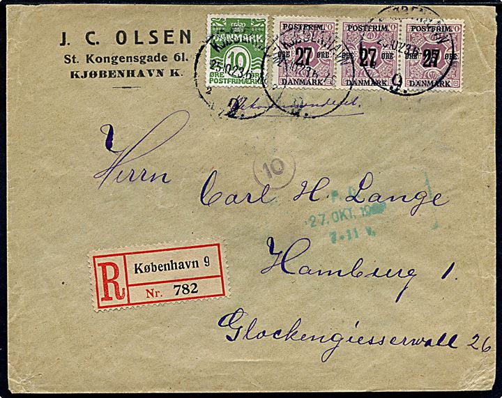 10 øre Bølgelinie og 27/10 øre Provisorium (3) på anbefalet brev fra Kjøbenhavn d. 25.10.1923 til Hamburg, Tyskland.