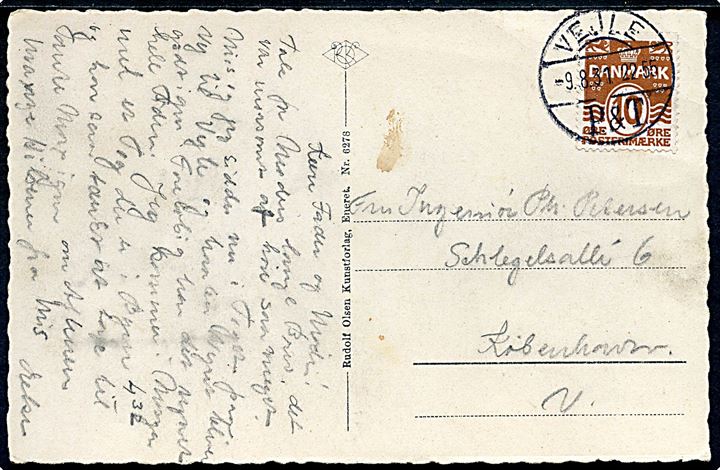 10 øre Bølgelinie på brevkort annulleret brotype Vd Vejle P. & T. d. 9.8.1931 til København.
