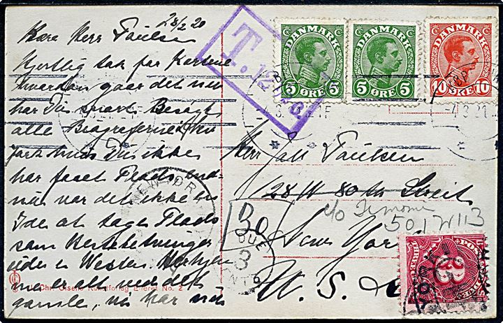5 øre (2) og 10 øre Chr. X på underfrankeret brevkort fra København d. 4.3.1921 til New York, USA. Violet portostempel T.12½ c. og påsat 2 cents amerikansk portomærke.