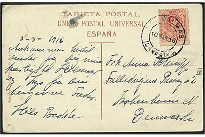 10 c. på brevkort fra Las Palmas d. 10.3.1916 til København, Danmark.