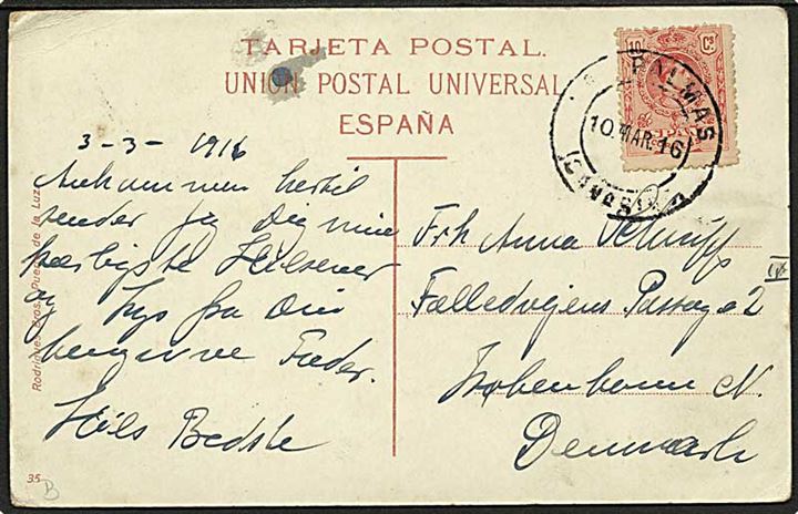 10 c. på brevkort fra Las Palmas d. 10.3.1916 til København, Danmark.