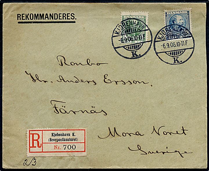 5 øre og 20 øre Chr. IX på anbefalet brev fra Kjøbenhavn d. 6.9.1906 til Mora Noret, Sverige.