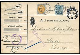 20 øre Våben og 100 øre Tofarvet på adressebrev for 2 pakker annulleret med lapidar Kjøbenhavn III d. 16.12.1898 via Kjøbenhavn K PP til Gefle, Sverige.