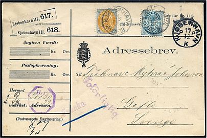 20 øre Våben og 100 øre Tofarvet på adressebrev for 2 pakker annulleret med lapidar Kjøbenhavn III d. 16.12.1898 via Kjøbenhavn K PP til Gefle, Sverige.