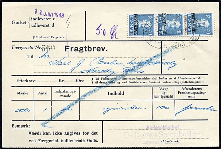 40 øre Chr. X Postfærge mærke i 3-stribe på fragtbrev fra Esbjerg d. 12.6.1948 til Nordby, Fanø.