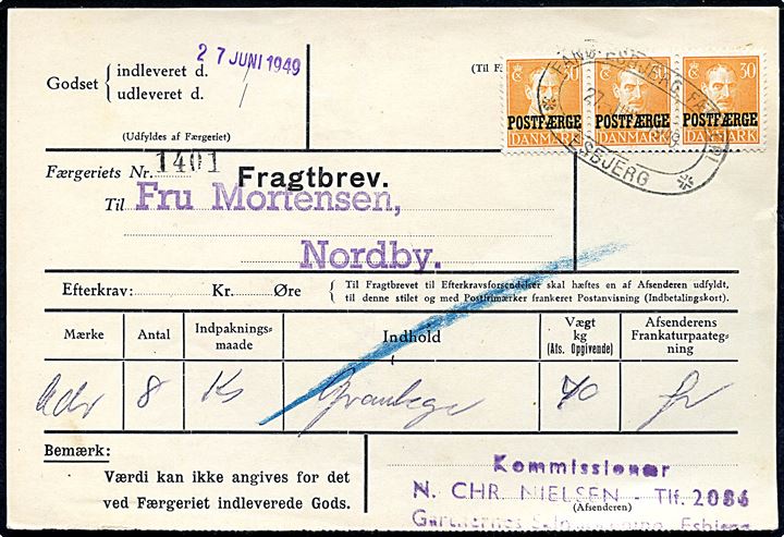 30 øre Chr. X Postfærge mærke i 3-stribe på fragtbrev fra Esbjerg d. 27.6.1949 til Nordby, Fanø.