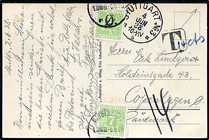 5 pfg. Beethoven på billedsiden af underfrankeret brevkort fra Stuttgart d. 4.6.1928 til København, Danmark. Udtakseret i porto med 7 øre Portomærke (2) stemplet Kjøbenhavn d. 6.6.1928.