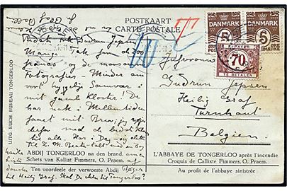 5 øre Bølgelinie i parstykke på underfrankeret brevkort fra Vejle d. 6.11.1928 til Turnhout, Belgien. Udtakseret i porto med 70 c. belgisk portomærke.