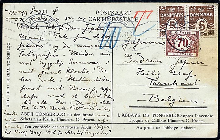 5 øre Bølgelinie i parstykke på underfrankeret brevkort fra Vejle d. 6.11.1928 til Turnhout, Belgien. Udtakseret i porto med 70 c. belgisk portomærke.