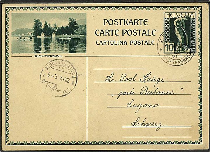 10 c. ill. helsagsbrevkort (Richterswil) fra Zürich d. 28.4.1931 til Poste Restante i Lugano.