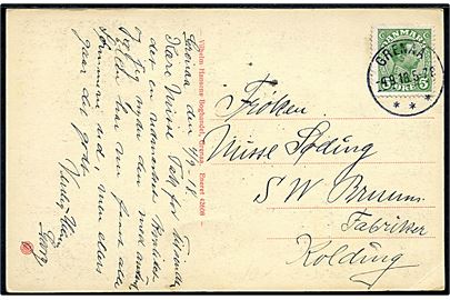 5 øre Chr. X på brevkort annulleret med brotype IIIb Grenaa d. 4.9.1918 til Kolding.