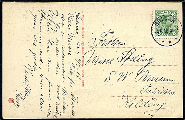 5 øre Chr. X på brevkort annulleret med brotype IIIb Grenaa d. 4.9.1918 til Kolding.