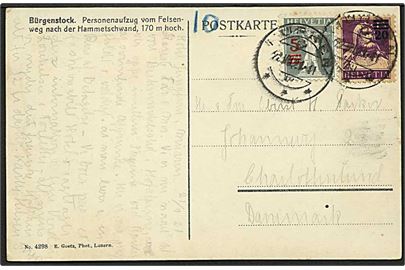 5/7½ c. og 20/15 c. Provisorium på brevkort fra Luzern d. 22.7.1921 til Charlottenlund, Danmark.