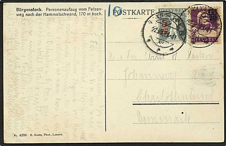 5/7½ c. og 20/15 c. Provisorium på brevkort fra Luzern d. 22.7.1921 til Charlottenlund, Danmark.