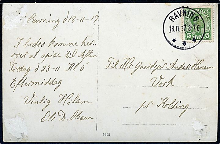 5 øre Chr. X på brevkort (Baadbjerg) annulleret med brotype IIIb Ravning d. 18.11.1917 til Vork pr. Kolding. Mærker efter opklæbning.