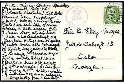 15 øre Chr. X på brevkort annulleret Ørum Sønderlyng d. 16.8.1945 til Oslo, Norge. Dansk efterkrigscensur (krone)/374/Danmark.