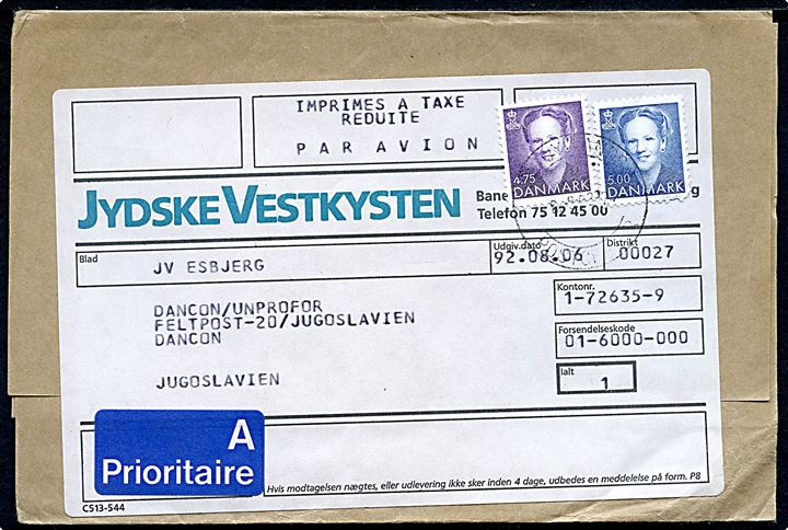 4,75 kr. og 5 kr. Margrethe på korsbånd for dagbladet Vestkysten i Esbjerg sendt som luftpost og annulleret Sydjyllands Postcenter d. 8.6.1992 til DANCON/UNPROFOR Feltpost 20 Jugoslavien. 