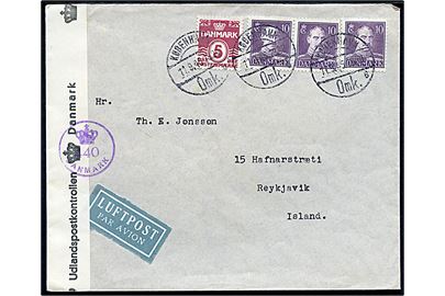 5 øre Bølgelinie og 10 øre Chr. X (3) på luftpostbrev fra København d. 11.9.1945 til Reykjavik, Island. Dansk efterkrigscensur (krone)/440/Danmark. Ank.stemplet i Reykjavik d. 17.9.1945.