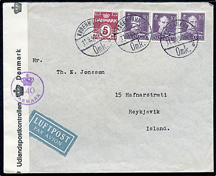 5 øre Bølgelinie og 10 øre Chr. X (3) på luftpostbrev fra København d. 11.9.1945 til Reykjavik, Island. Dansk efterkrigscensur (krone)/440/Danmark. Ank.stemplet i Reykjavik d. 17.9.1945.