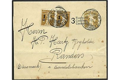 3/2 c. provisorisk helsagskorsbånd opfrankeret med 1/2 c. Provisorium i parstykke fra Luzern d. 20.1.1916 til Randers, Danmark.
