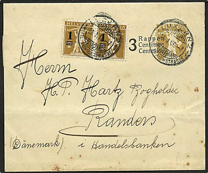 3/2 c. provisorisk helsagskorsbånd opfrankeret med 1/2 c. Provisorium i parstykke fra Luzern d. 20.1.1916 til Randers, Danmark.