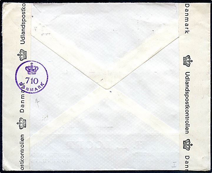 40 øre Chr. X 75 år på brev fra København d. 7.2.1947 til Nürnberg, Tyskland. Åbnet af dansk efterkrigscensur med to forskellige stempler: (krone)/706/Danmark og (krone)/710/Danmark.