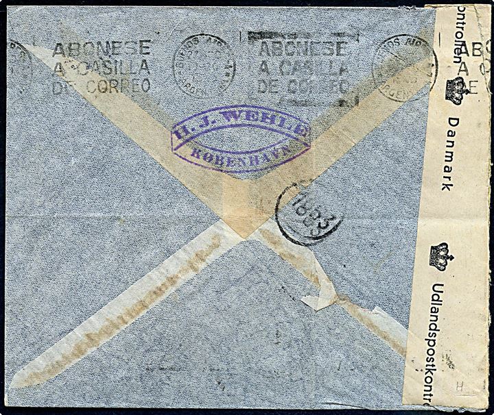 5 øre Bølgelinie og 40 øre Chr. X (3) på 125 øre frankeret luftpostbrev fra København d. 5.7.1945 til Buenos Aires, Argentina. Åbnet af dansk efterkrigscensur (krone)/486/Danmark