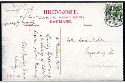 5 øre Fr. VIII på brevkort annulleret med lapidar bureaustempel Nord Fyenske JB: PK: d. 12.4.1909 til Kappendrup.