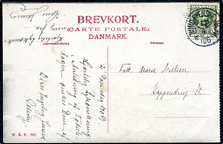 5 øre Fr. VIII på brevkort annulleret med lapidar bureaustempel Nord Fyenske JB: PK: d. 12.4.1909 til Kappendrup.